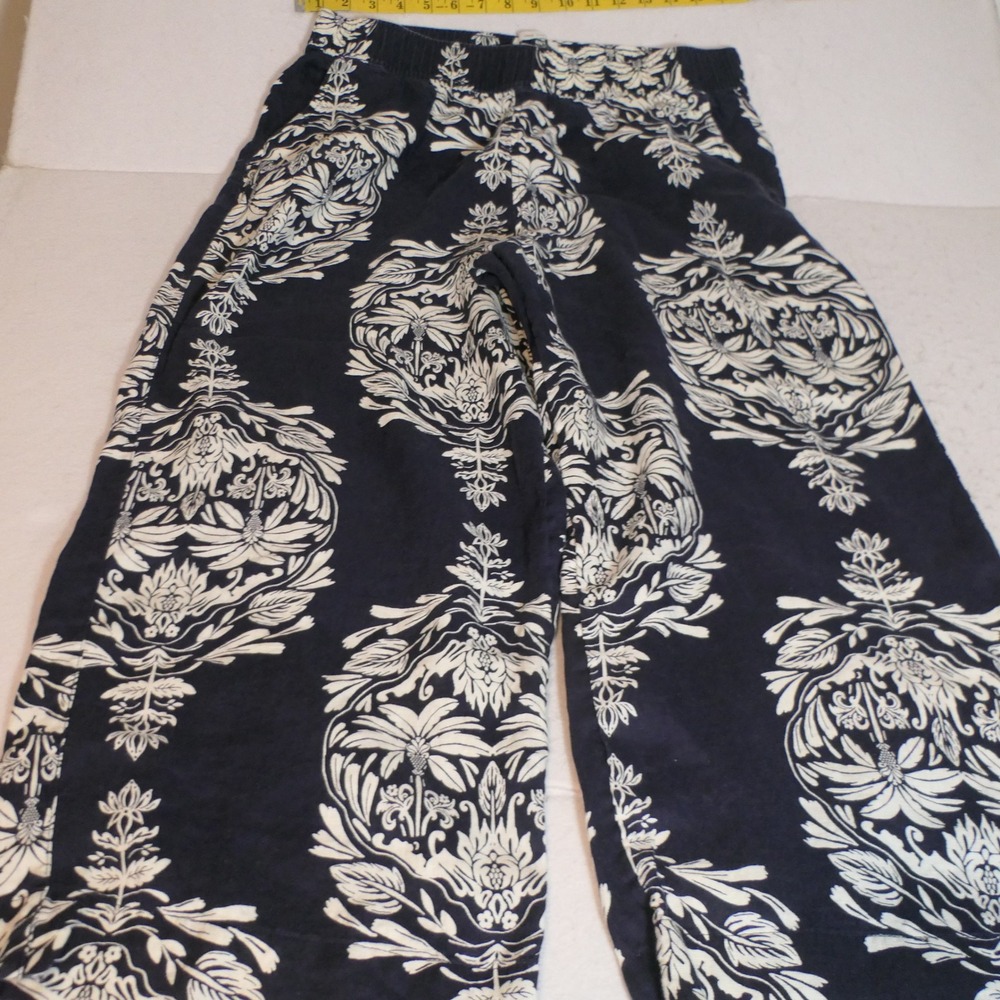 Rachel Zoe Womens Linen Wide Leg Pants L Navy Floral Boho Coastal Grandma Damask